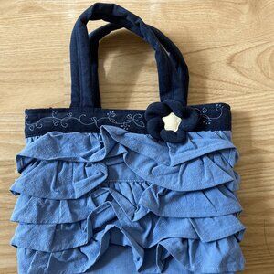 Cute Blue Ruffle Tote Bag – Navy Trim, Floral Accent, Zip Closure